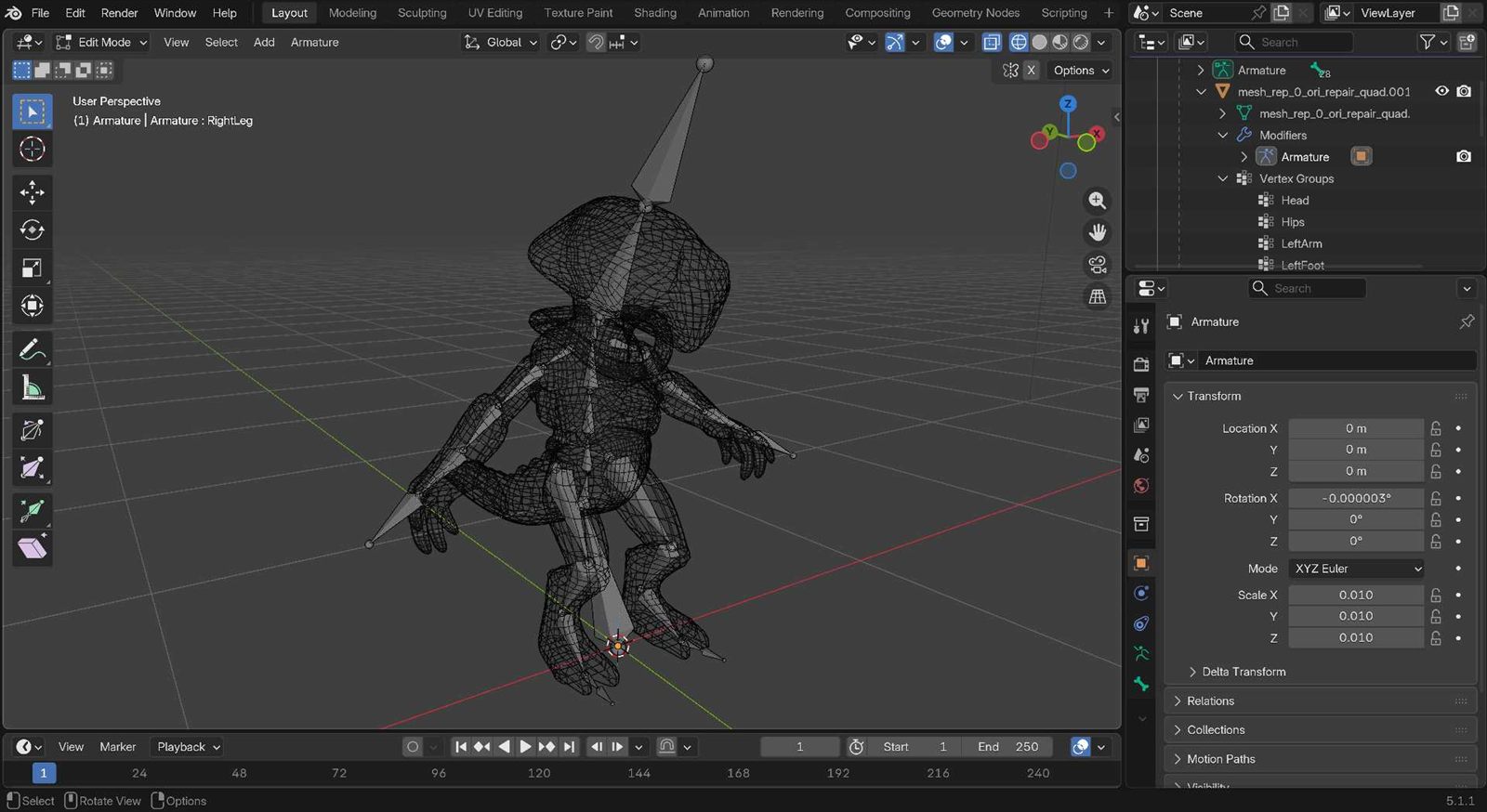 Alien minion character in Blender with the armature bone rig visible.