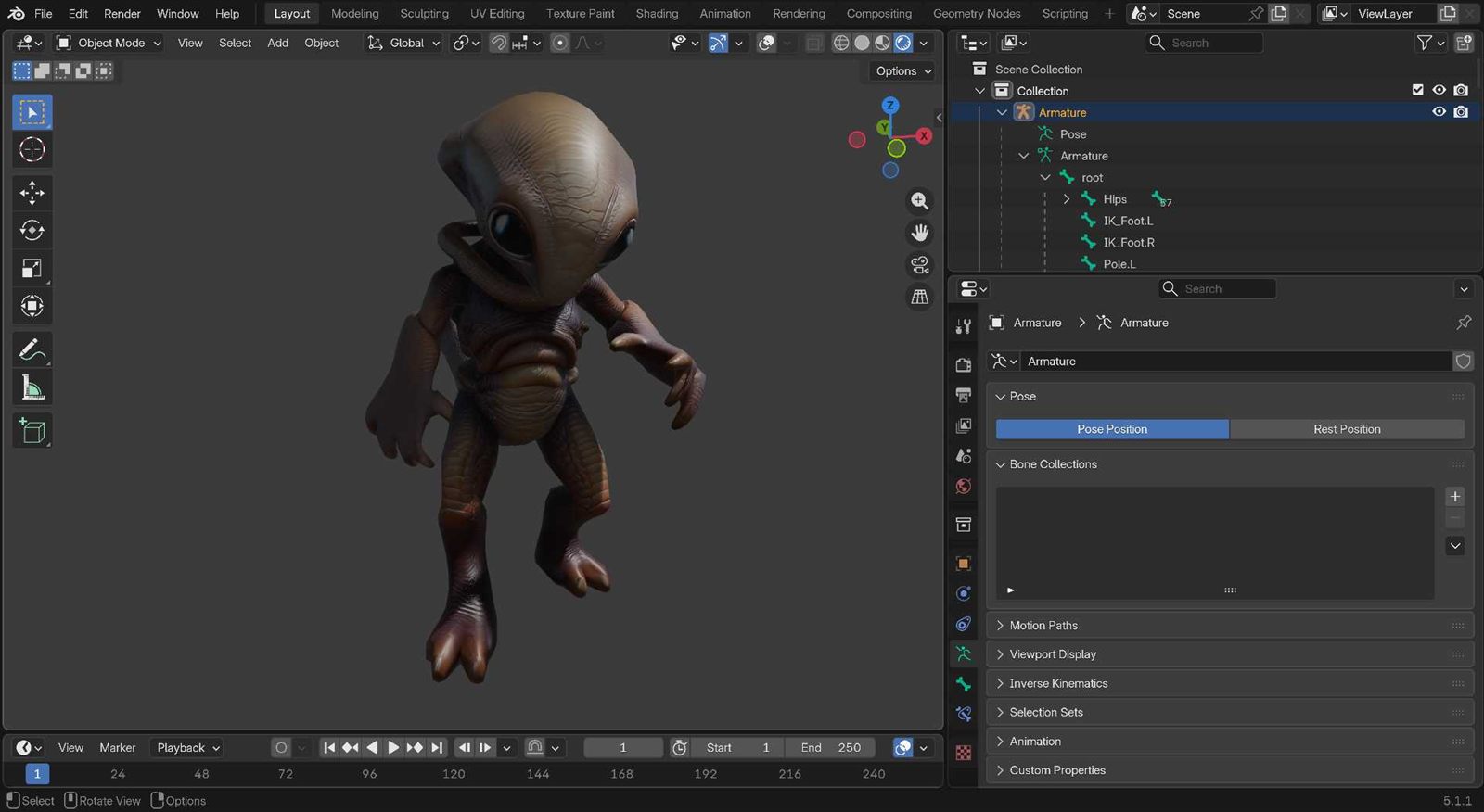 Alien minion character posed for a test render.