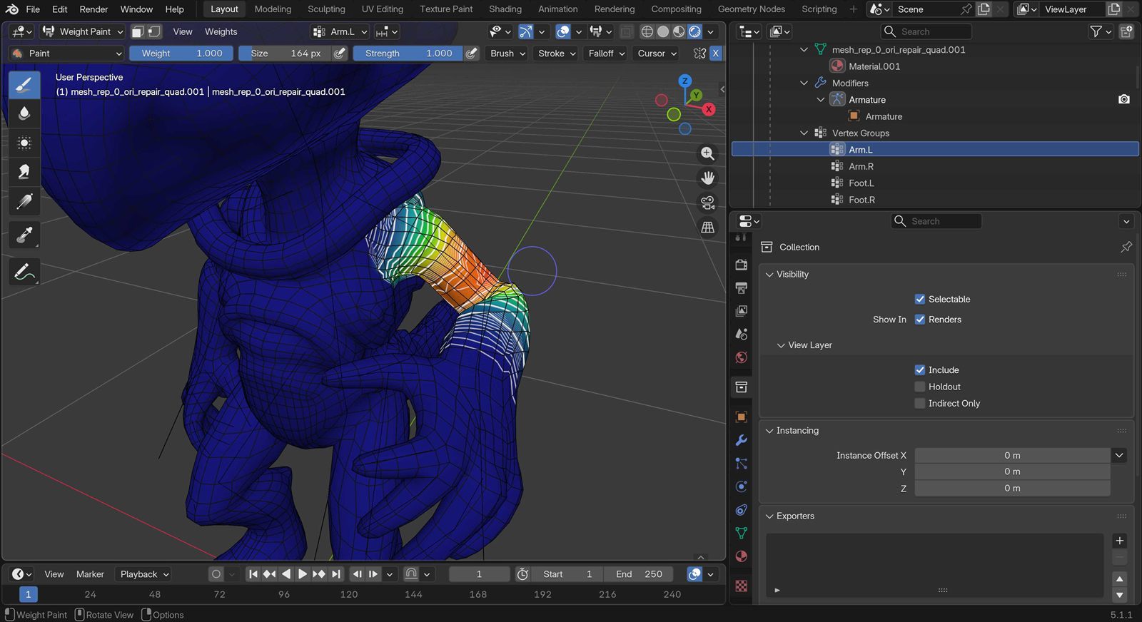 Alien minion character during weight painting on the rig.