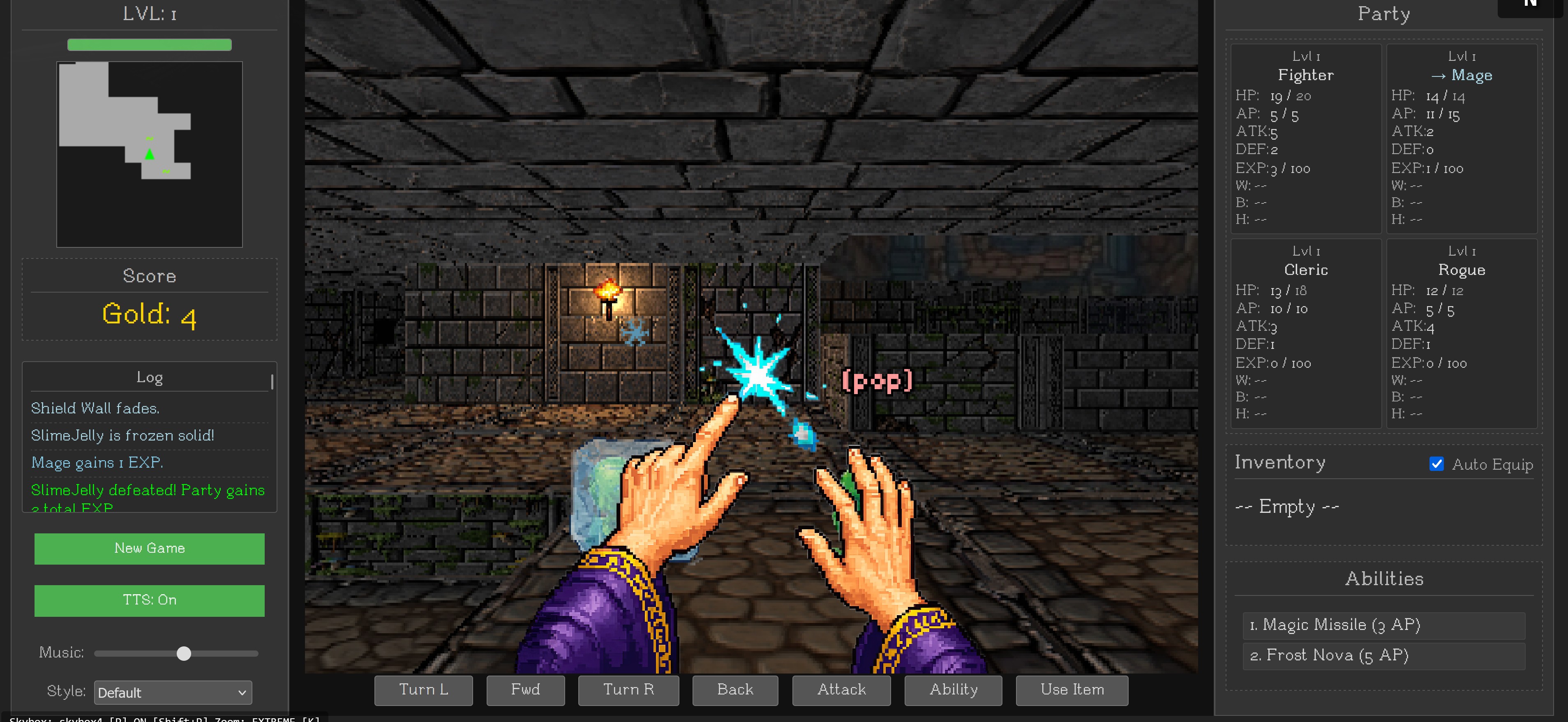 Party combat with magic spellcasting and visible party HUD.
