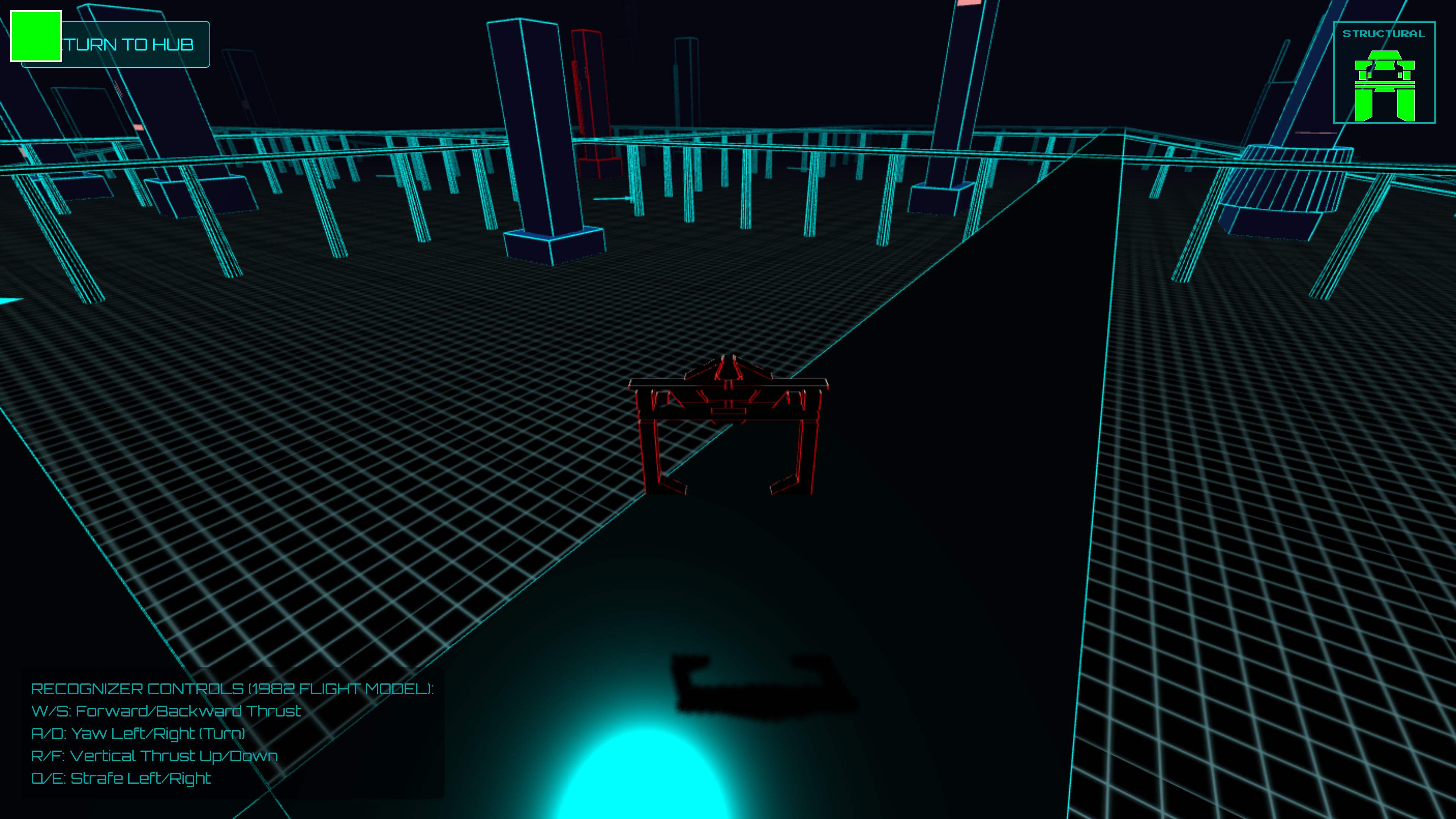 Gameplay view of the flying vehicle over a neon wireframe cityscape with flight controls overlay.