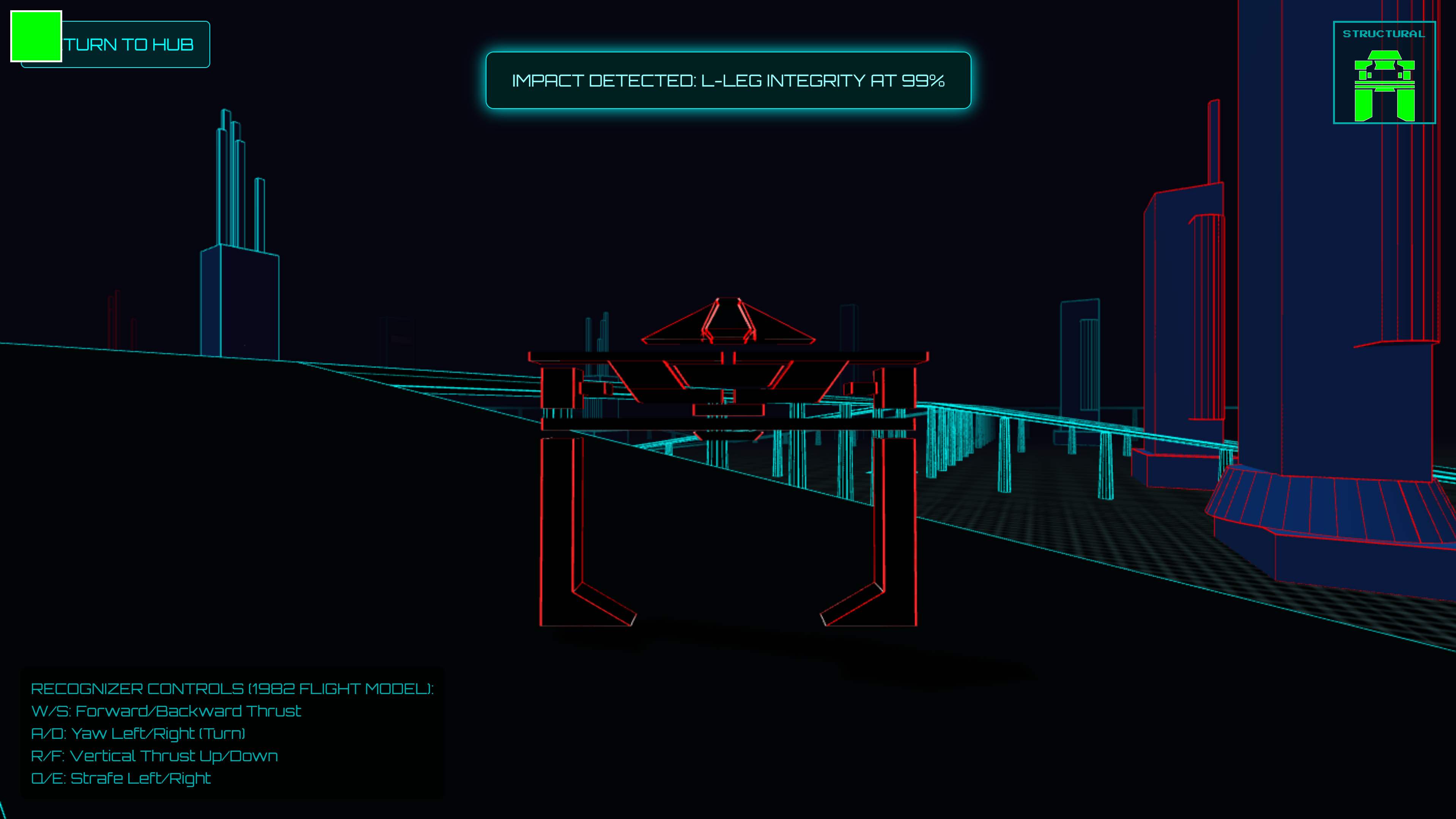 Elevated road network and neon architecture in the retro vector-graphics city.