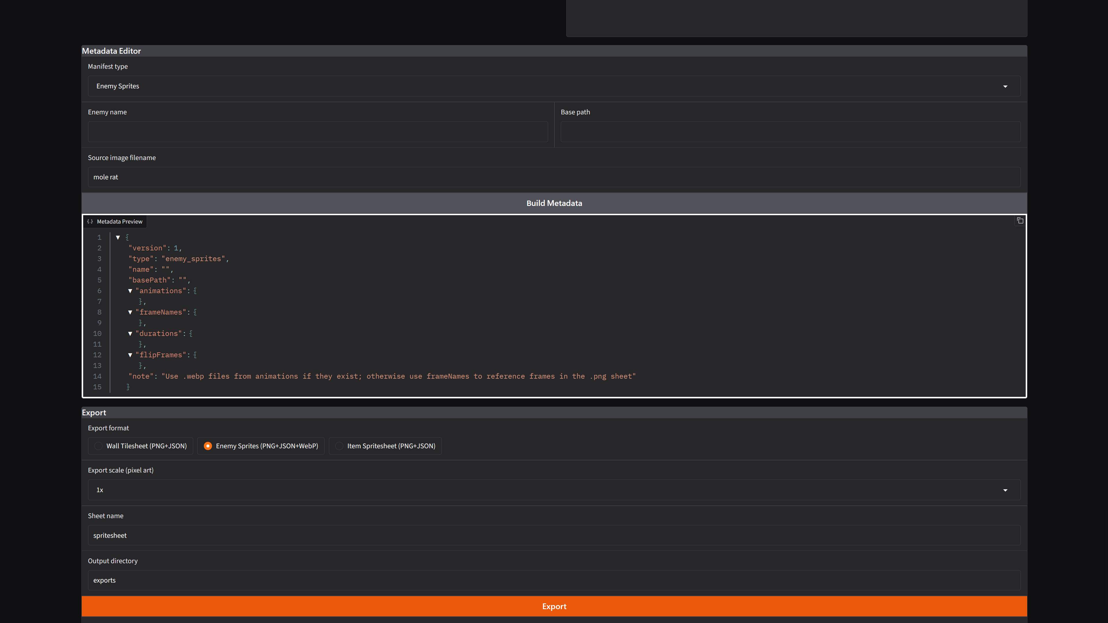 Metadata editor and JSON manifest export panel.