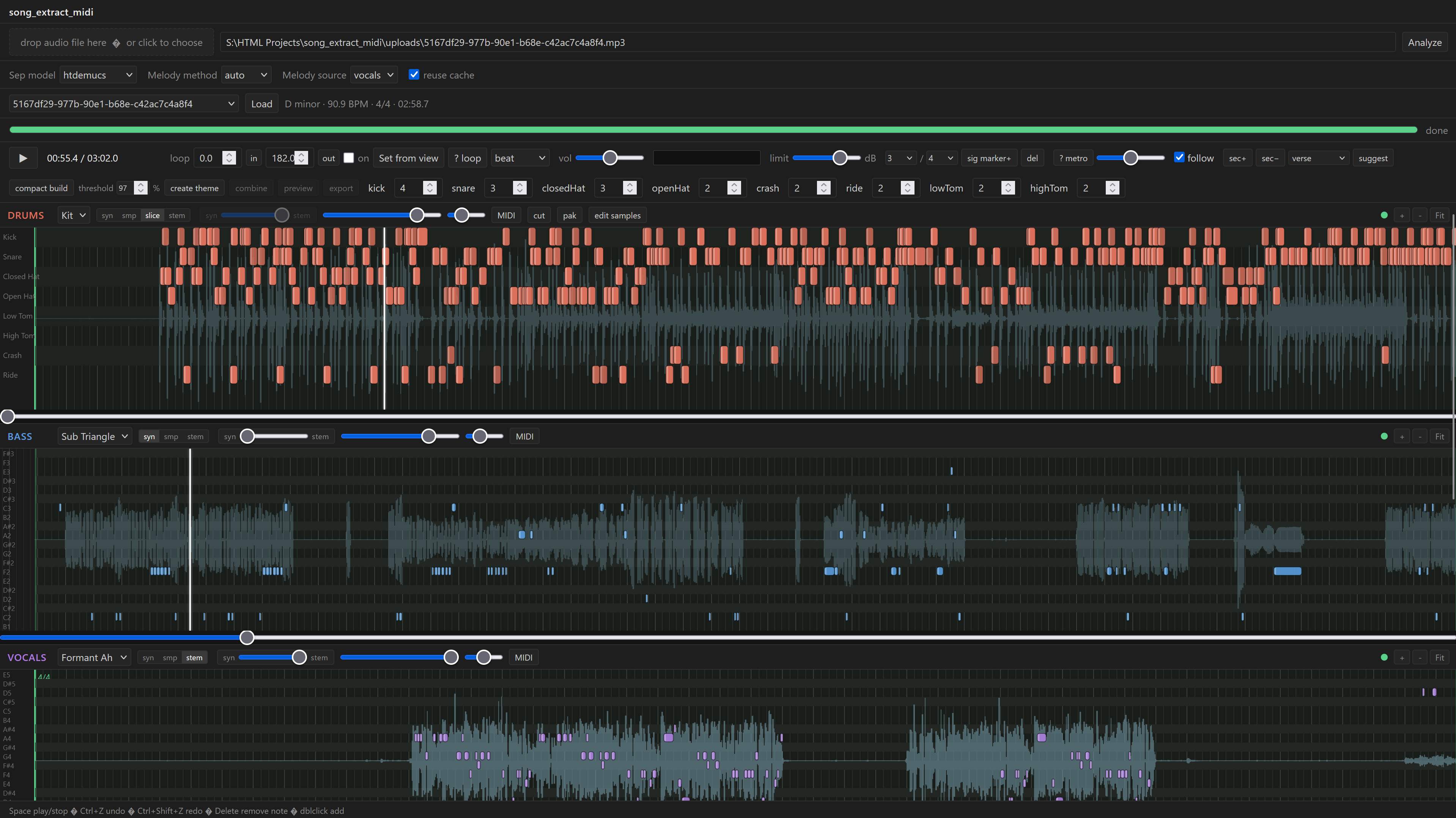 Piano-roll editor with drum, bass, and vocal lanes transcribed over the source audio waveforms.
