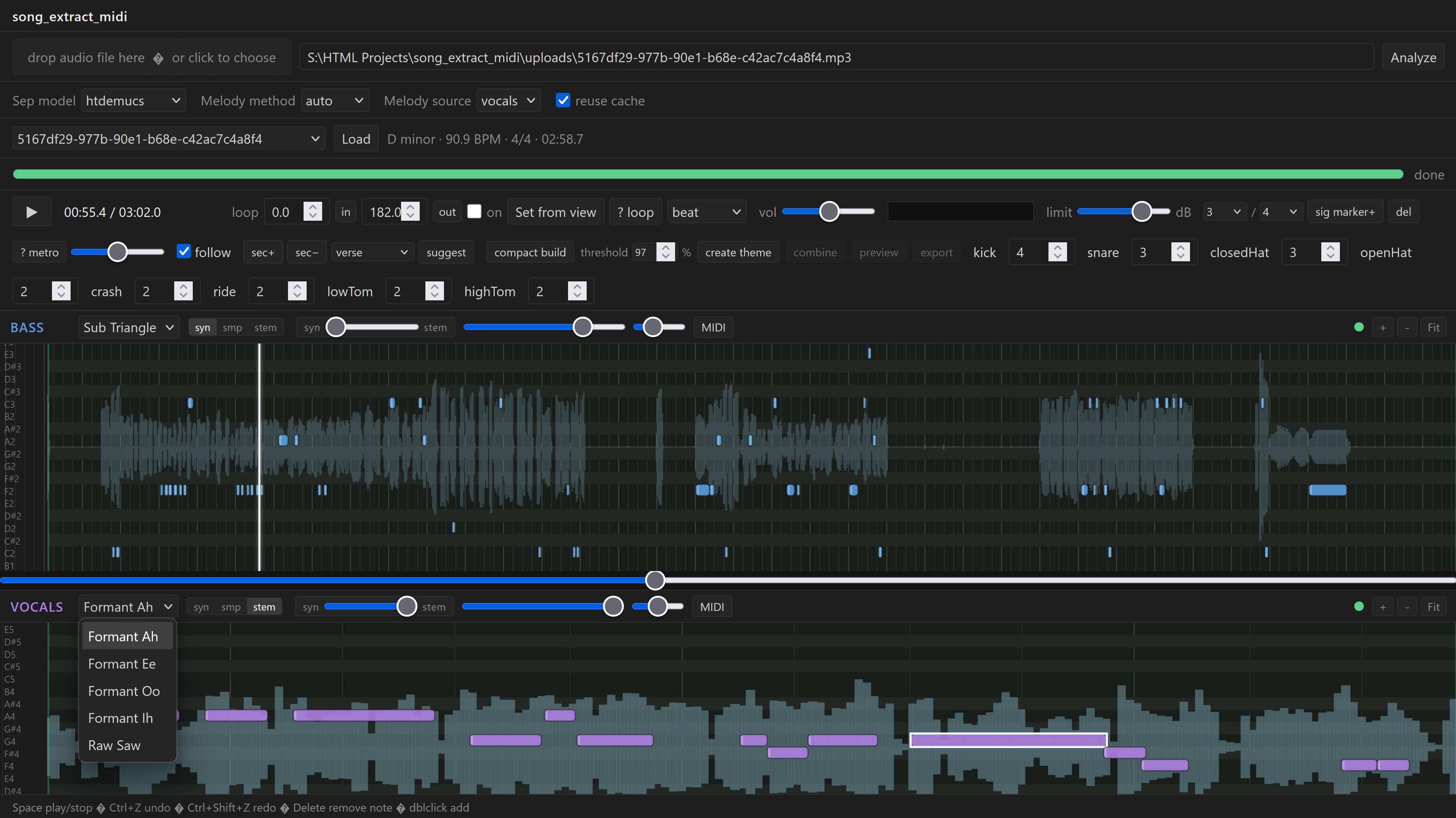 Analysis bar, transport, and drum sample mapping controls above the multi-lane editor.